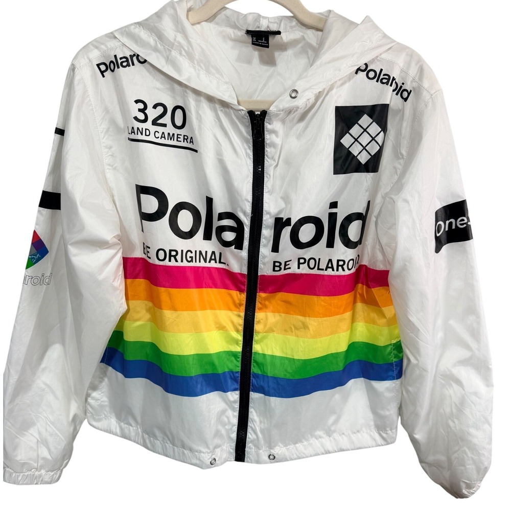 Polaroid 320 Windbreaker OneStep Rainbow Stripe Graphic Hooded Jacket S White